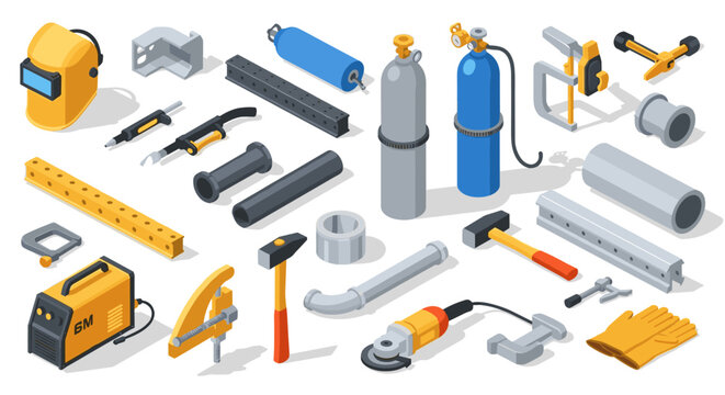 Isometric industrial welding tools and equipment set for workshops