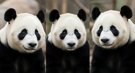 Three adorable giant pandas posing for a portrait in a zoo.