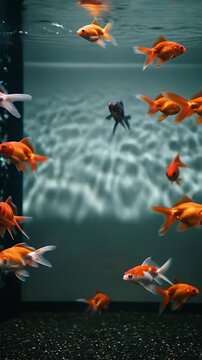 Vibrant Goldfish School Dynamically Swims in a Clear Aquarium, Bubbles and Reflections