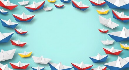 Colorful Paper Boats Arranged Around a Blank Space.