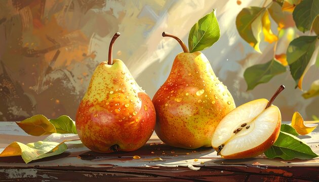An artistic rendering of three pears on a rustic wooden surface, one sliced to reveal its interior, with leaves. Warm light