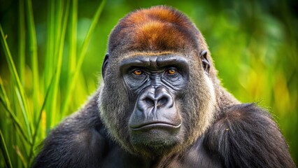 Obraz premium Majestic Western Lowland Gorilla Portrait, Lush Green Grass Background - Minimalist Wildlife Photography