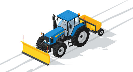 Fototapeta premium Isometric blue tractor with snow plow and yellow trailer on white background