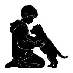 Boy petting cat silhouette animal