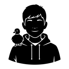 Boy with duck on shoulder duckling black and white