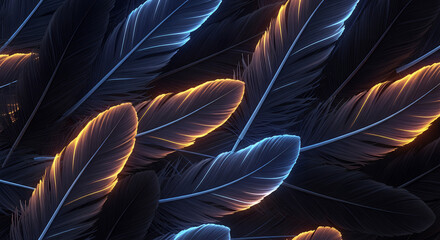 Dark Fantasy Feathers Background with Neon Blue and Orange Glowing Edges and Abstract Texture