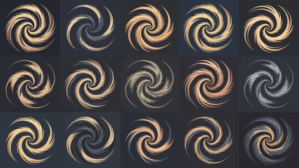 Abstract swirling vortex patterns in various metallic and earthy tones against a dark background creating a sense of motion and energy