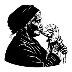 Elderly woman kissing young goat affection black and white