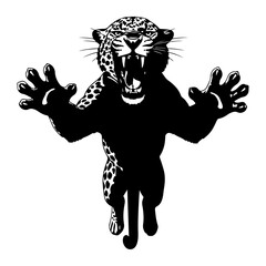 Fierce leopard roaring with open mouth and extended paws