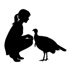 Girl crouching near turkey silhouette bird