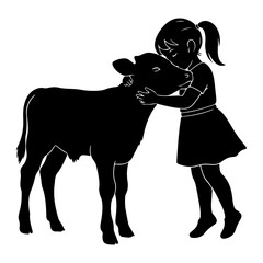 Girl hugging calf silhouette embracing