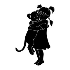 Girl hugging lion cub friendship love
