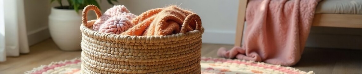 Bohemian Chic Woven Rug Basket Overflowing with Soft Throws, Perfect for Cozy Bedroom Storage and Home Decor