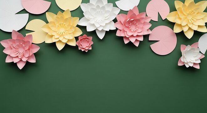 Colorful paper flowers and lily pads on a green background.