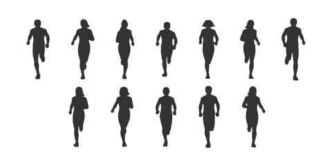 CAD Drawings. Silhouette Set of people running isolated on white background. standing. Front view. Vector illustration.