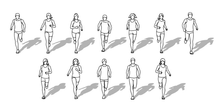 CAD Drawings. Set of people running isolated on white background. standing. Front view. Vector illustration.