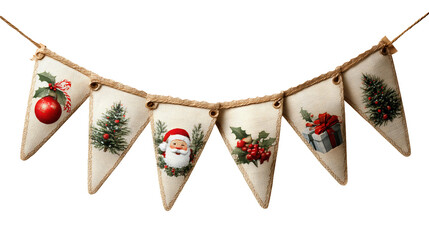 Rustic burlap christmas bunting banner with festive holiday decorations santa claus ornaments trees holly berries and gift box pennants on natural rope string isolated on transparent background. 