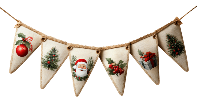 Rustic burlap christmas bunting banner with festive holiday decorations santa claus ornaments trees holly berries and gift box pennants on natural rope string isolated on transparent background.  - Powered by Adobe