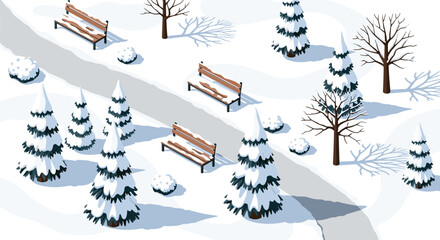 Snowy park with benches and evergreen trees in isometric winter landscape