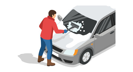 Man cleaning snow from car windshield in isometric style