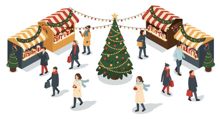 Festive christmas market isometric scene with shoppers and decorated stalls
