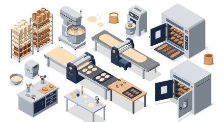 Fototapeta premium Isometric bakery production line with modern equipment and fresh bread