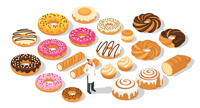 Isometric bakery delights with baker and assorted pastries on white background