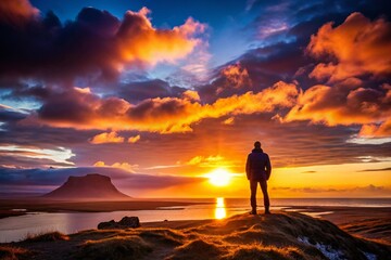 Obraz premium Midnight Sun Silhouette, Iceland Summer Solstice: Dramatic Landscape Photography