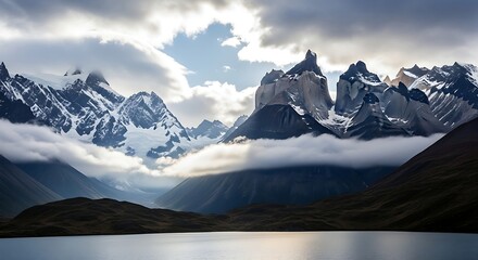 Majestic mountain range with snow-capped peaks and serene lake under cloudy sky.