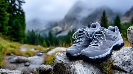 Hiking boots resting on rock in mountain landscape