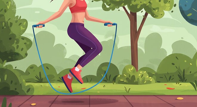 Woman jumping rope in a park for exercise and fitness.