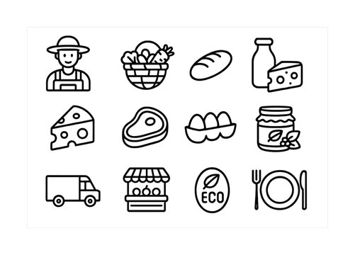 Outline icons of farmer, produce, and eco-friendly food items