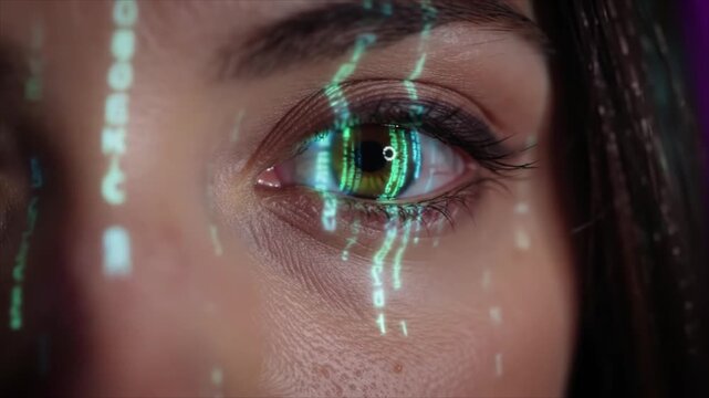 Human eye reflecting green binary code, symbolizing digital transformation, artificial intelligence, and future human-computer interaction in a modern technological concept