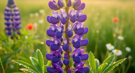 Lupine flowers in a field at sunset, vibrant and colorful.