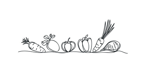 Line drawing of assorted vegetables including carrots and bell peppers