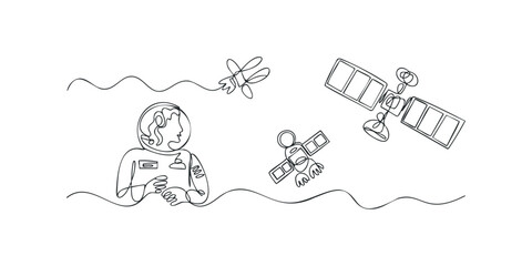 Astronaut floating with satellites and abstract shapes