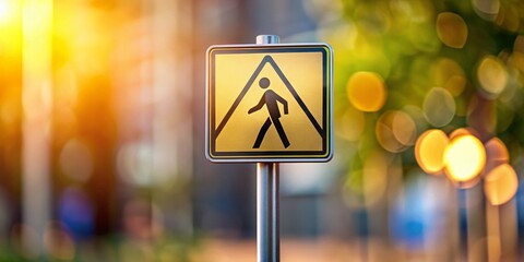 Miniature Pedestrian Warning Sign on Metallic Pole - Isolated Minimalist Stock Photo