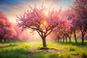 Miniature Pink Cherry Blossoms Spring Tree Tilt-Shift Photography