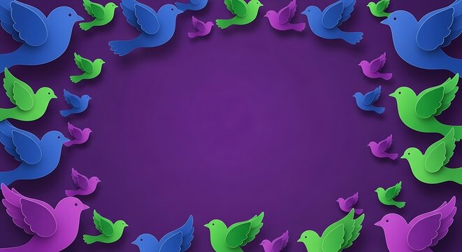 Colorful Dove Flock on Purple Background - Peace and Harmony. - Powered by Adobe