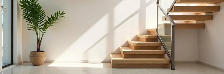 Modern Minimalist Staircase Sunlight Bathes Sleek Metal & Light Wood in a Contemporary Home Interior. Ideal for Home Design & Decor Inspiration.