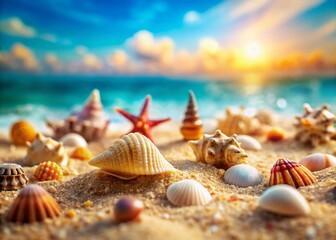 Miniature Seashell Collection on Sandy Beach, Tilt-Shift Photography