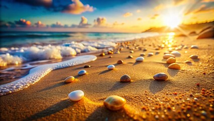 Miniature Stone & Pearl Footprints in Sandy Beach, Tilt-Shift Photography