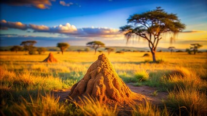 Miniature Termite Mound in African Savannah, Tilt-Shift Photography