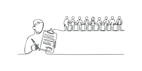 Person filling out list with queue of people behind