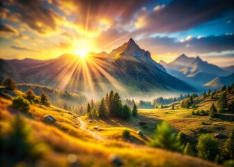 Miniature Sunburst Fantasy Landscape: Tilt-Shift Magical Light Rays