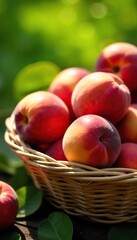 Sunlit Ripe Peaches Overflowing from a Woven Basket A Vibrant Summer Harvest Scene Perfect for Seasonal Recipes and Promotions