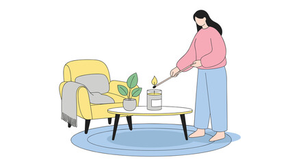 Fototapeta premium Woman lighting aromatic candle in cozy living room space, concept of Christmas, New Year 
