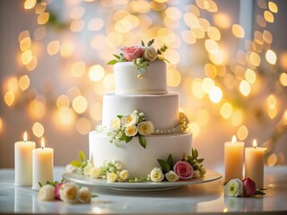 Miniature White Wedding Cake with Floral Decorations and Candles - Tilt-Shift Photography