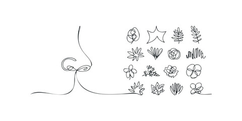 Continuous line drawing of human nose with organic floral shapes