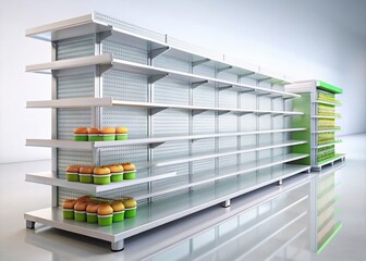 Minimalist 3D Grocery Shelves Side View: White Isolated Background, Stock Photo
